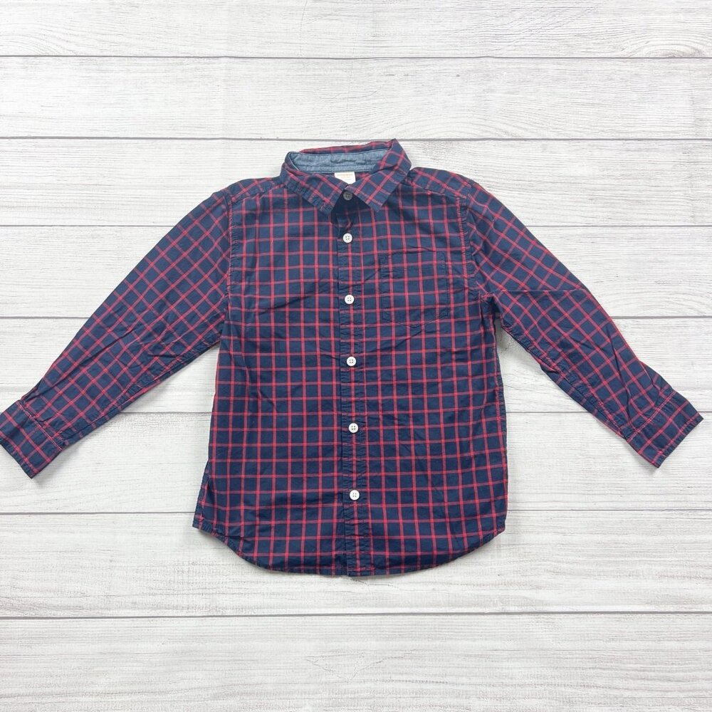 Gymboree Boys Plaid Button Down Shirt Navy Red Long Sleeve S 5-6